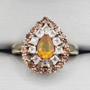 Genuine Pear Opal Citrine Topaz Yellow Gold 925 Sterling Silver Halo Ring